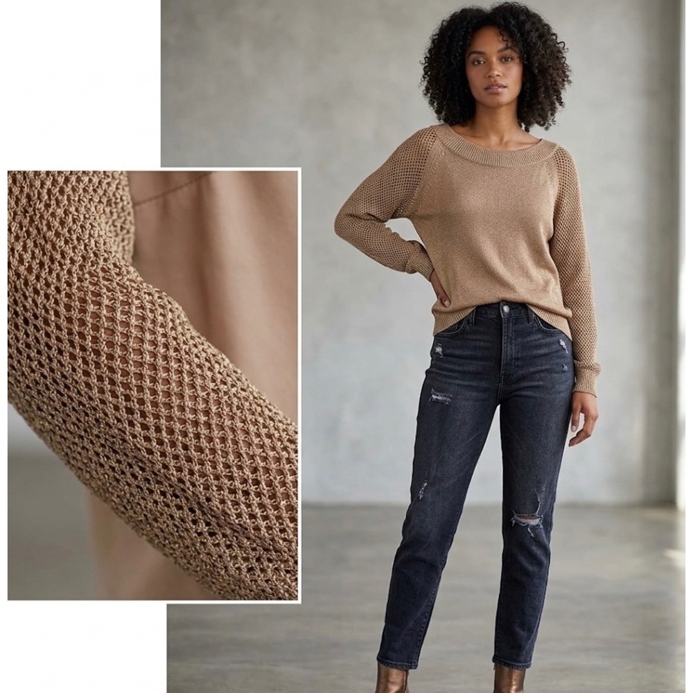Etcetera Mercer Tan Gold Metallic Open Knit Mesh Sleeve Sweater XL NWT‎ 18F-054